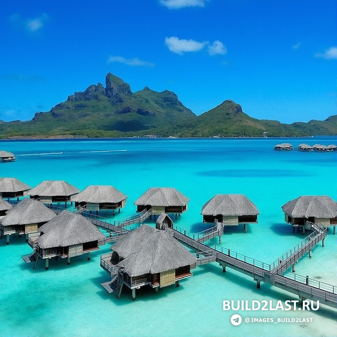 Элитный курорт с бунгало и травяной крышей на побережье Бора-Бора, Французская Полинезия