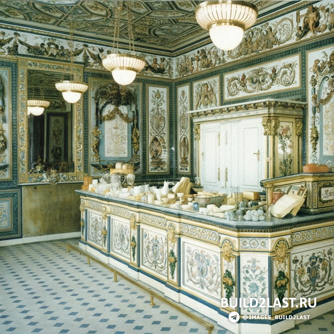 Интерьер Pfunds Molkerei с люстрами, керамической плиткой и колоннами в стиле Неоренессанс.