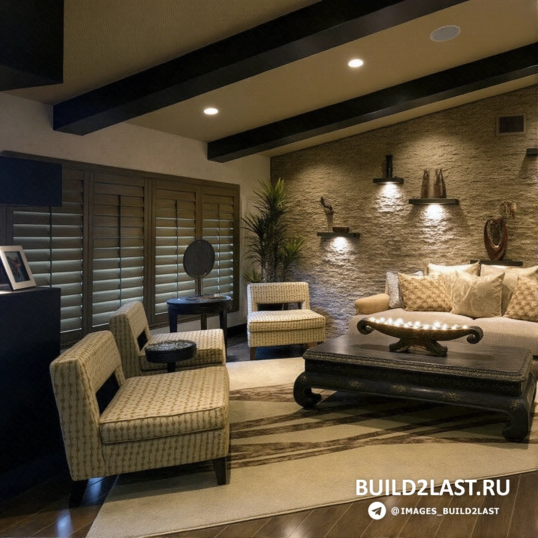 Интерьер с восточной мебелью, низкими столами и подушками для сидения