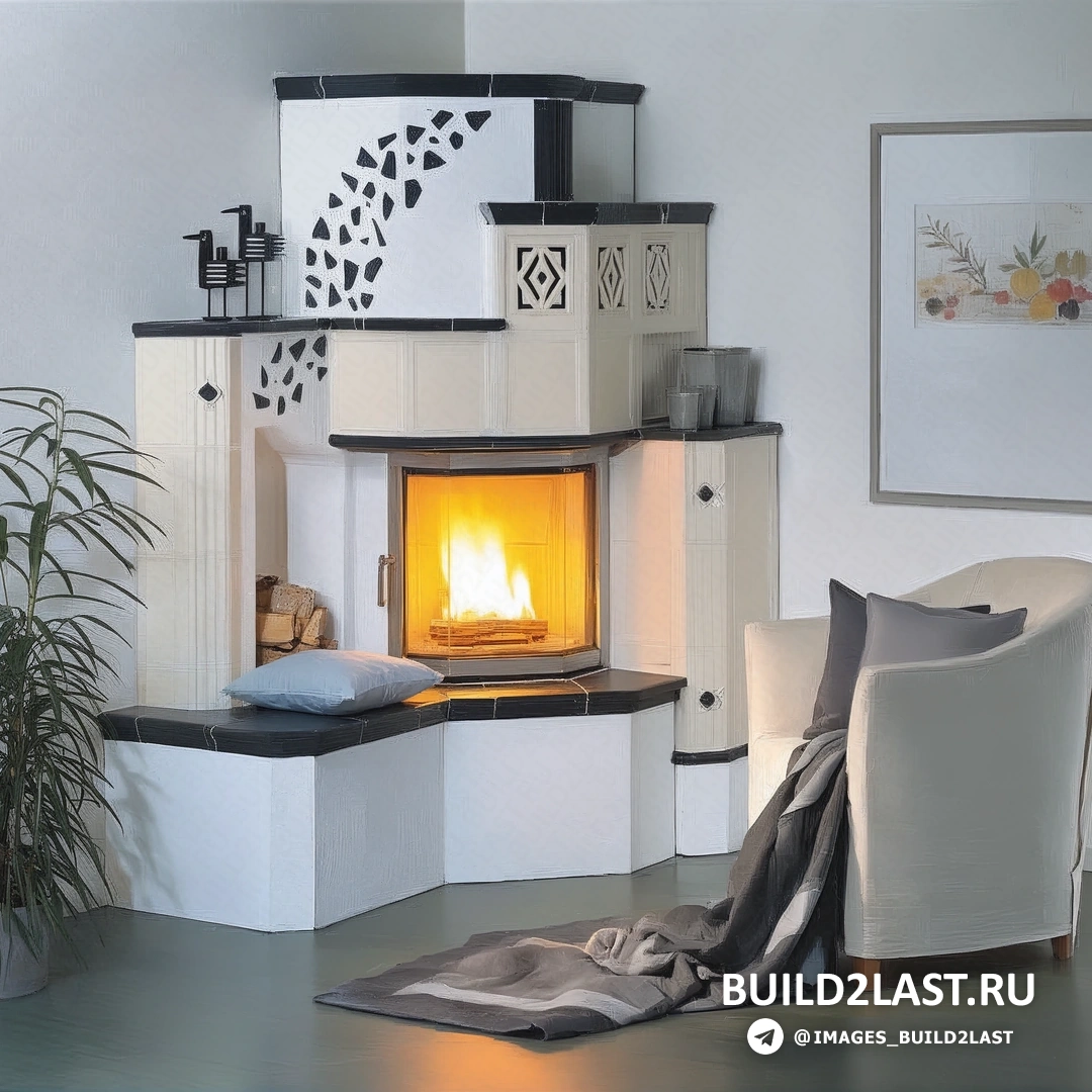 Камин в уютной комнате с полками и декоративными элементами.