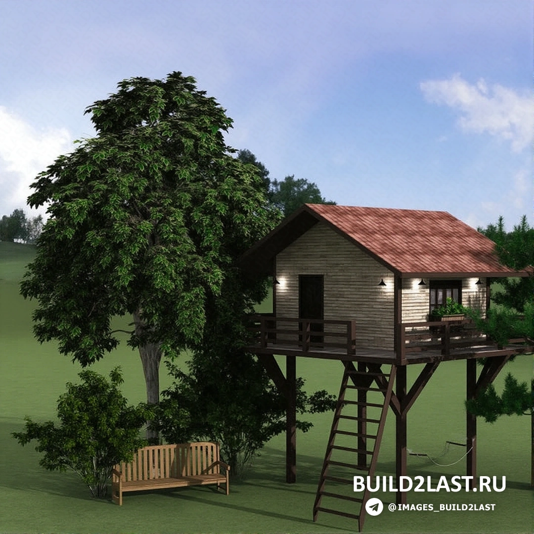 Коричневый дом на дереве, построенный из досок и бруса, в лесной местности