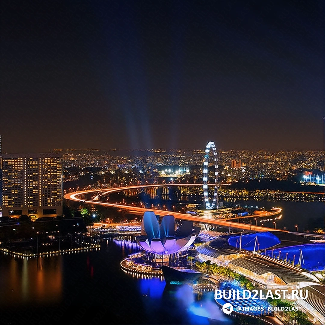 Подсветка и волнообразная форма отеля Marina Bay Sands в Сингапуре.