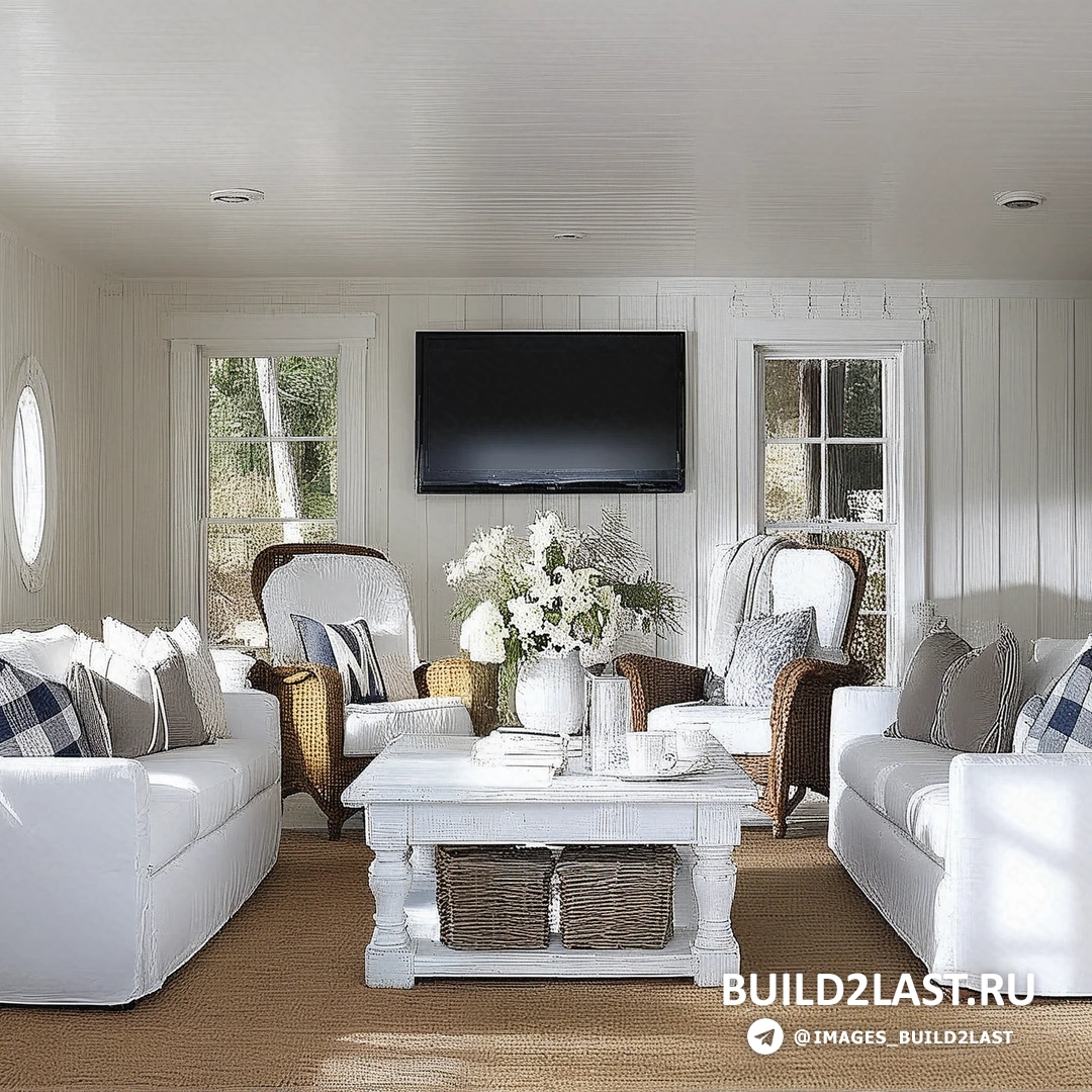 Прихожая с реечным потолком, белыми стенами и морскими элементами