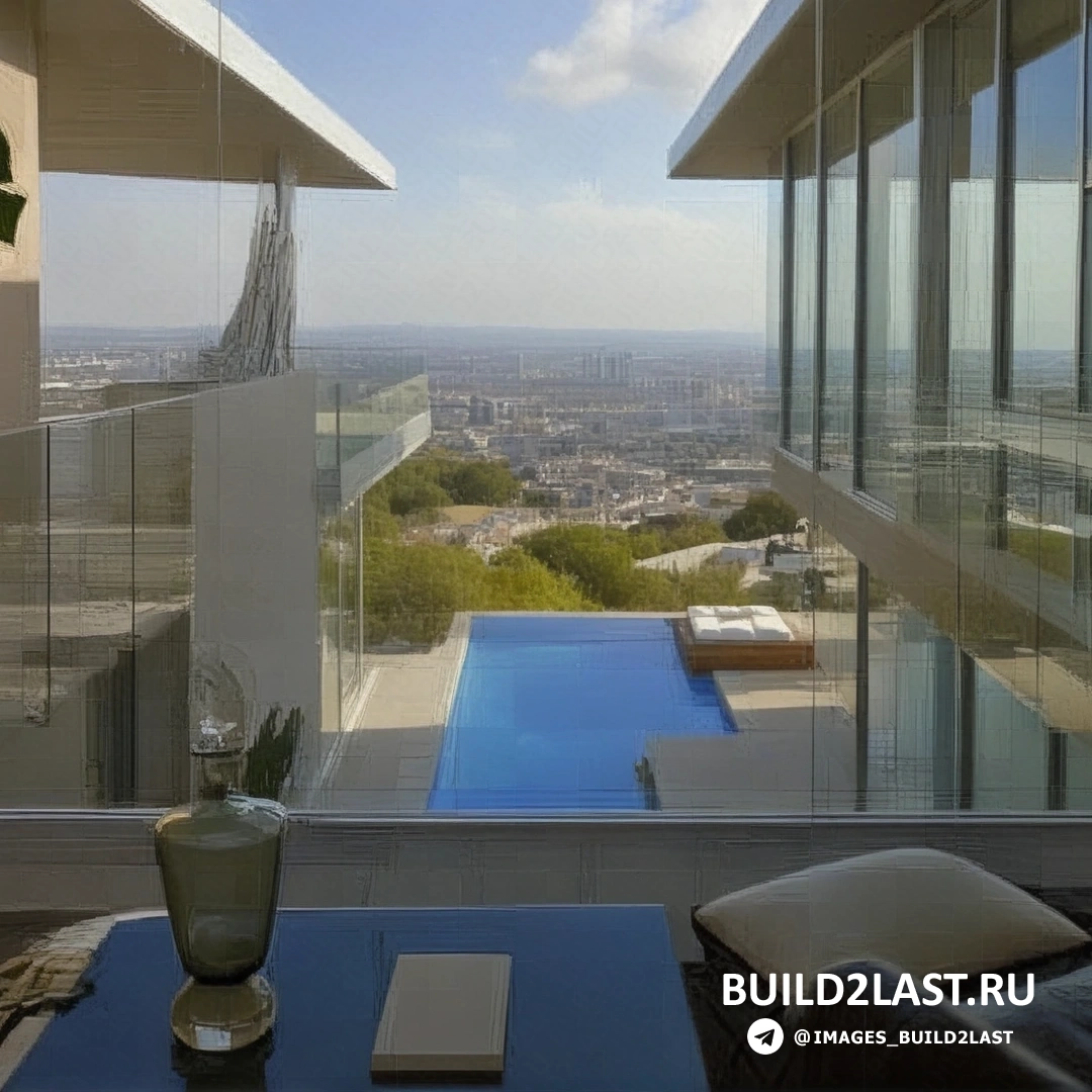 Современные здания с уникальной архитектурой в центре города, под ярким солнечным светом