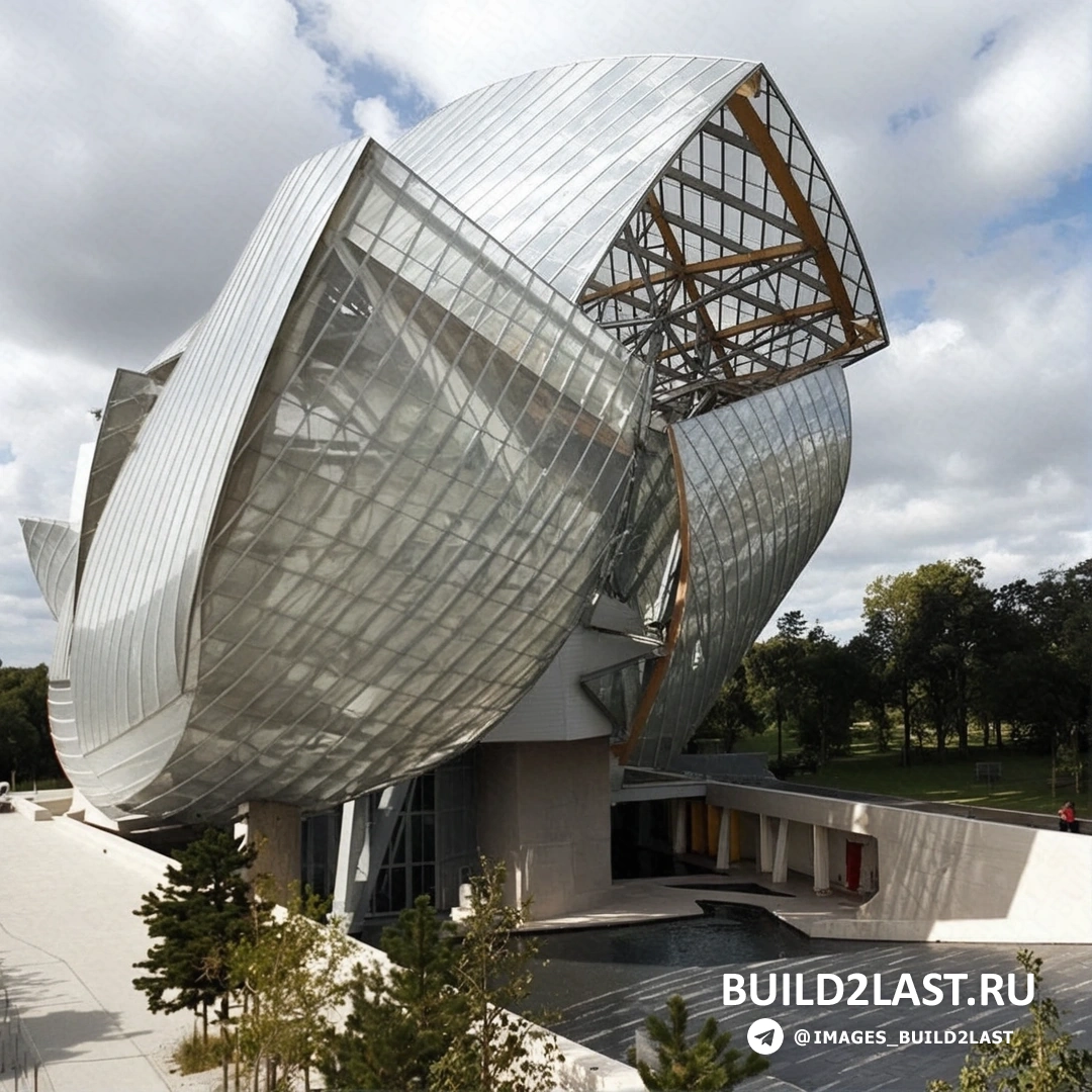 Строительный процесс музея Louis Vuitton Foundation, фокус на конструкцию крыши.